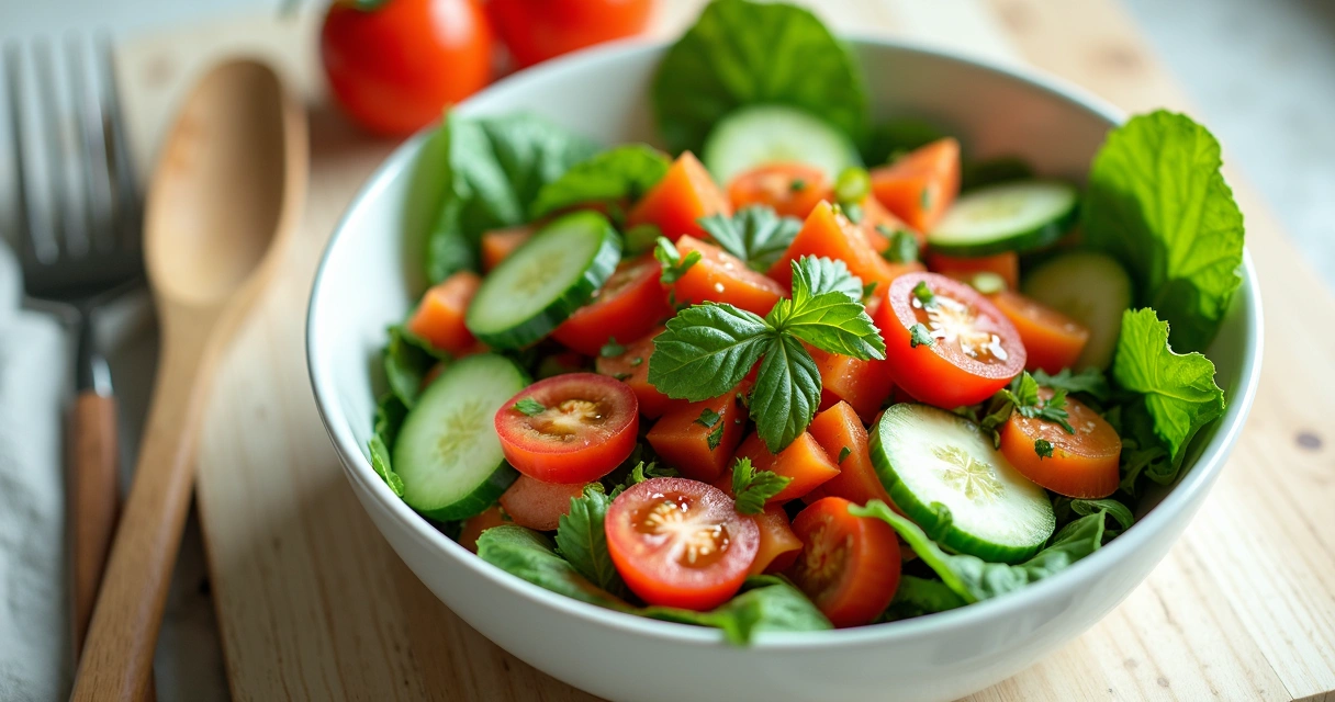 Salada colorida com folhas de moringa em tigela branca, sobre mesa de madeira clara 