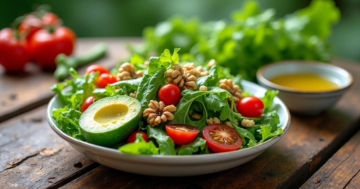 Salada colorida com folhas de moringa ao lado de ingredientes cetogênicos e tigela branca 