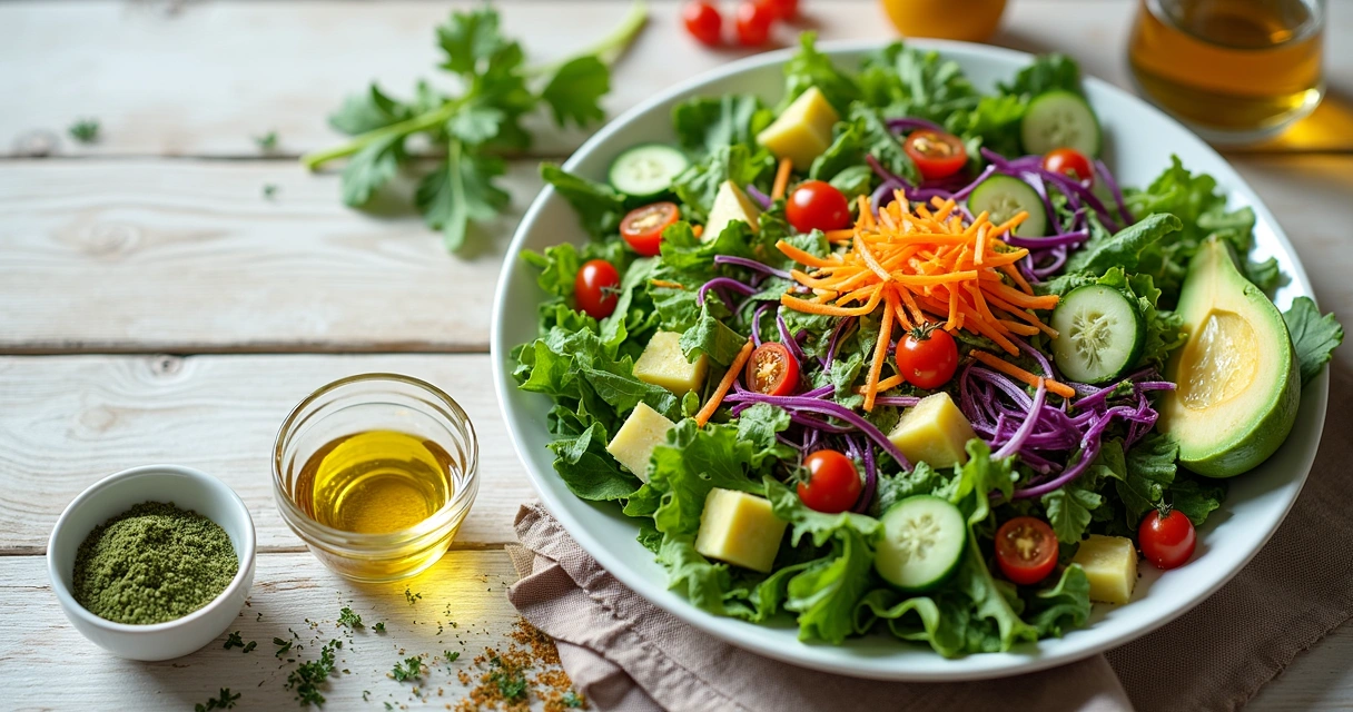 Salada colorida com folhas de moringa fresca em prato branco 