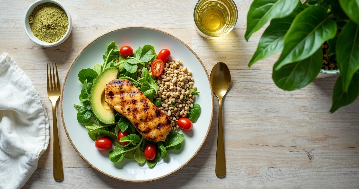 Prato saudável com folhas de moringa e alimentos proteicos 
