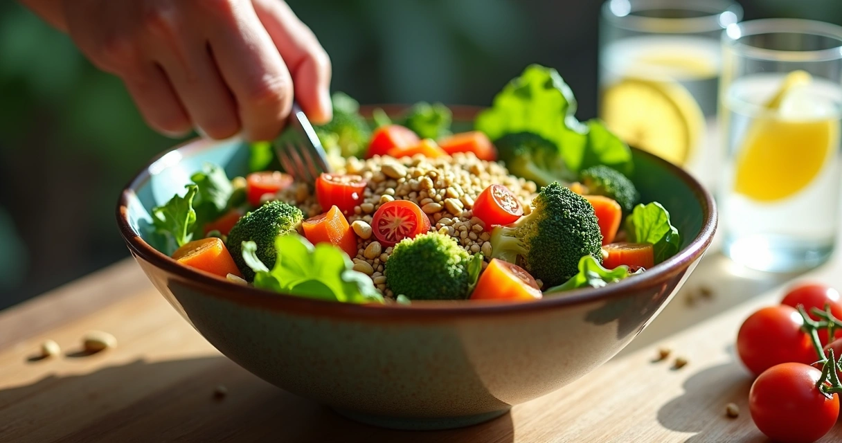 Como a dieta interfere nos resultados dos tratamentos dermatológicos 1 Salada colorida sendo servida em um prato fundo.