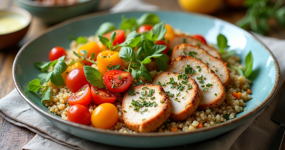 Salada de quinoa com legumes e frango em uma tigela grande sobre mesa de madeira clara.
