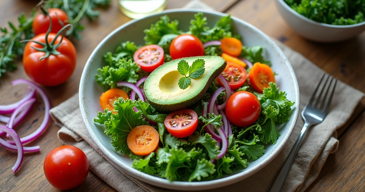 Salada de folhas verdes e legumes coloridos no prato 