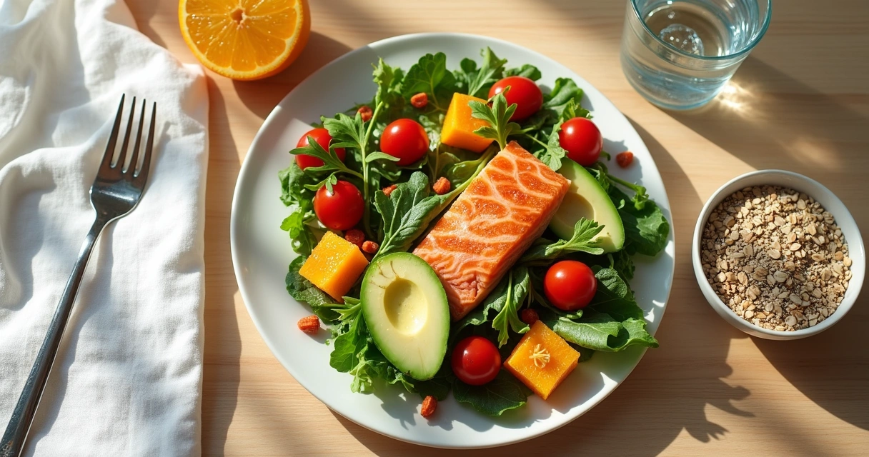 Prato com salada colorida, frutas e água sobre mesa clara 