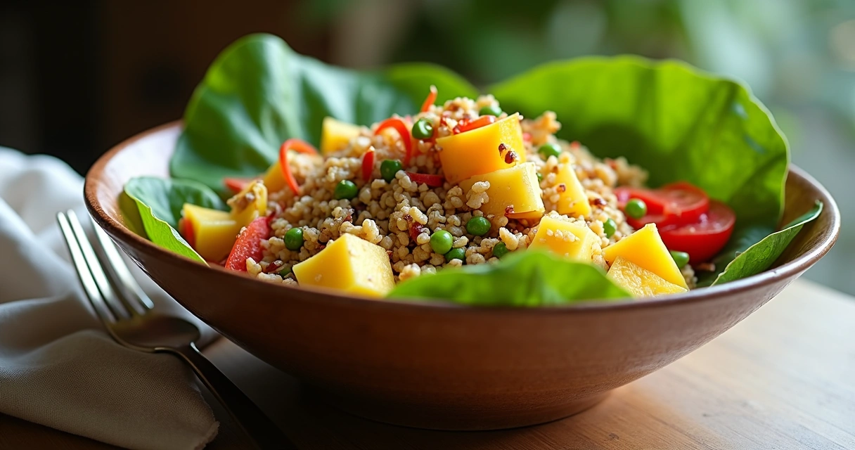 Salada tropical com folhas de moringa, frutas, grãos e sementes 