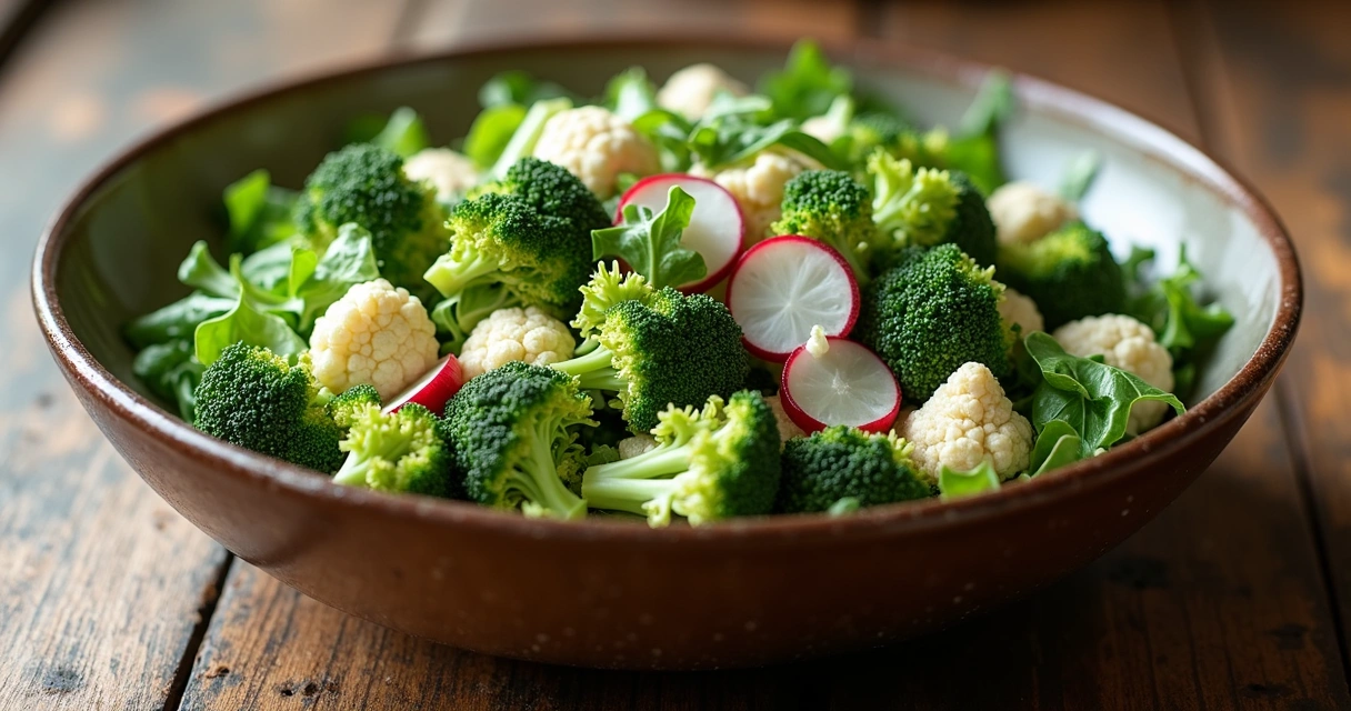 Salada colorida de crucíferos com brócolis, couve-flor, rabanete e folhas verdes 