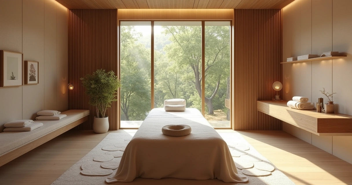 Sala de massagem com decoração natural e iluminação suave 