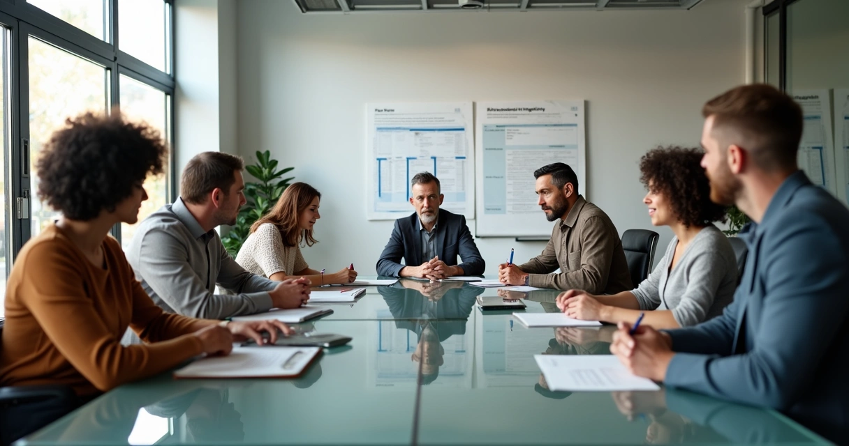Equipe em sala de reunião diversa, dialogando em volta de uma mesa