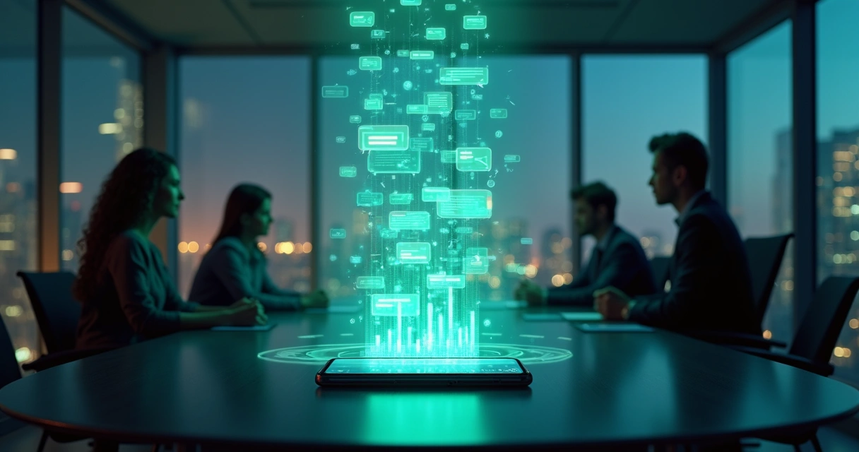 Equipe observando holograma de conversas do WhatsApp transformadas em gráficos organizados 