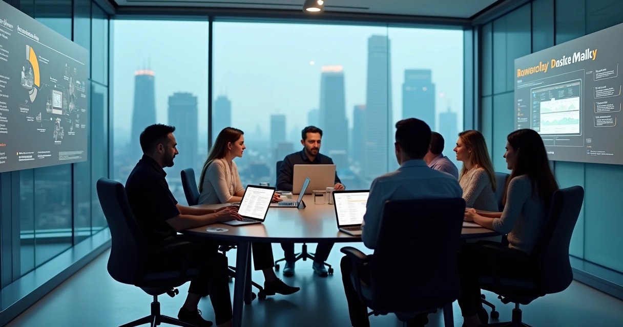 Equipe discute políticas de privacidade em sala de reunião 