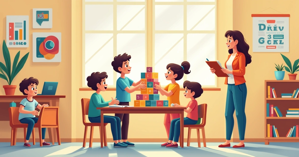 Sala de aula com crianças aprendendo, uma brincando com blocos e outra interagindo, mostrando desenvolvimento e inclusão.