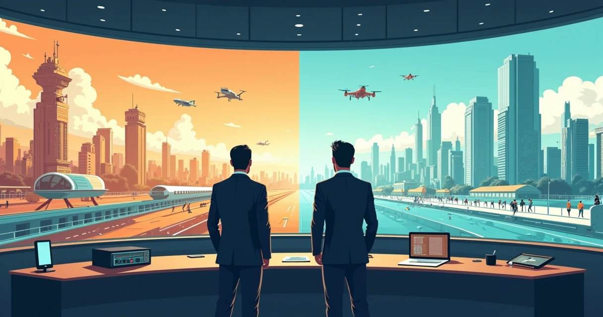 Mural comparando visões retrô e atuais de tecnologia e futuro 