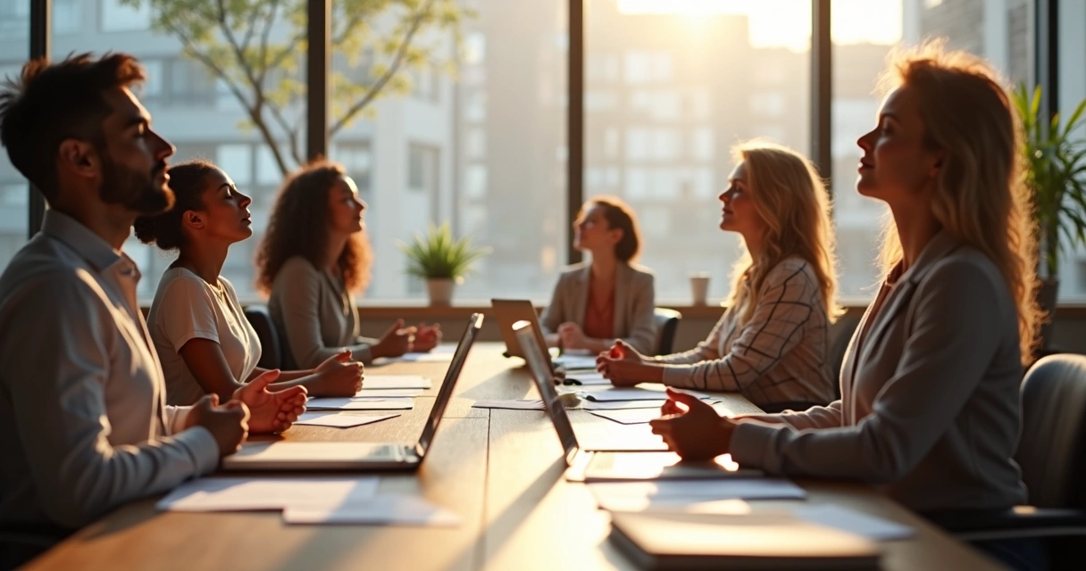 Equipe reunida em sala de trabalho fazendo respiração consciente 