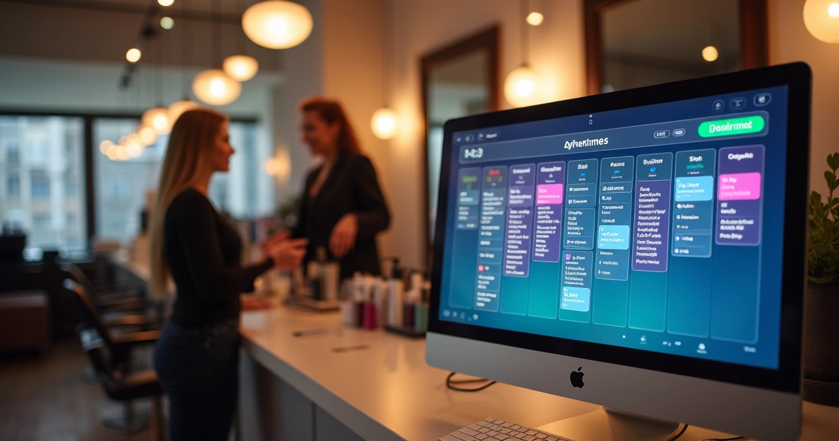 Gestora de salão usando computador para agenda digital 