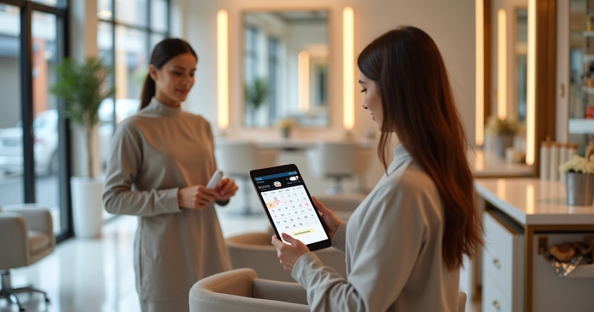 Cabeleireira mostra agenda online em tablet para cliente em salão moderno 