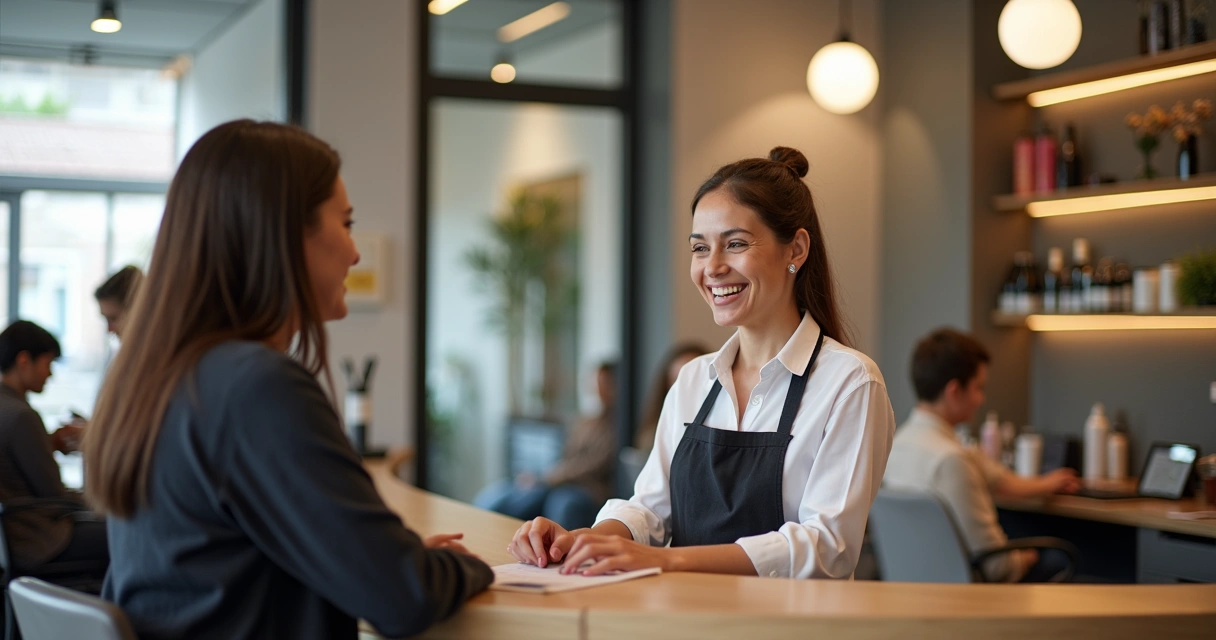 Atendente de salão conversando com cliente no balcão