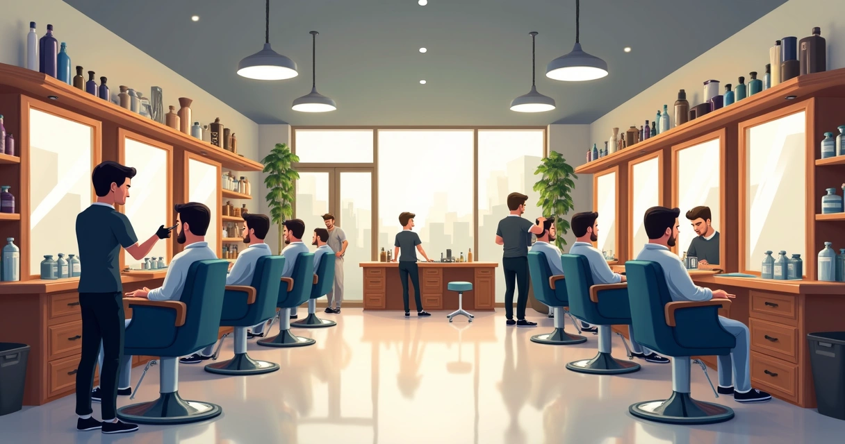 Sala de barbearia moderna com clientes e barbeiros 