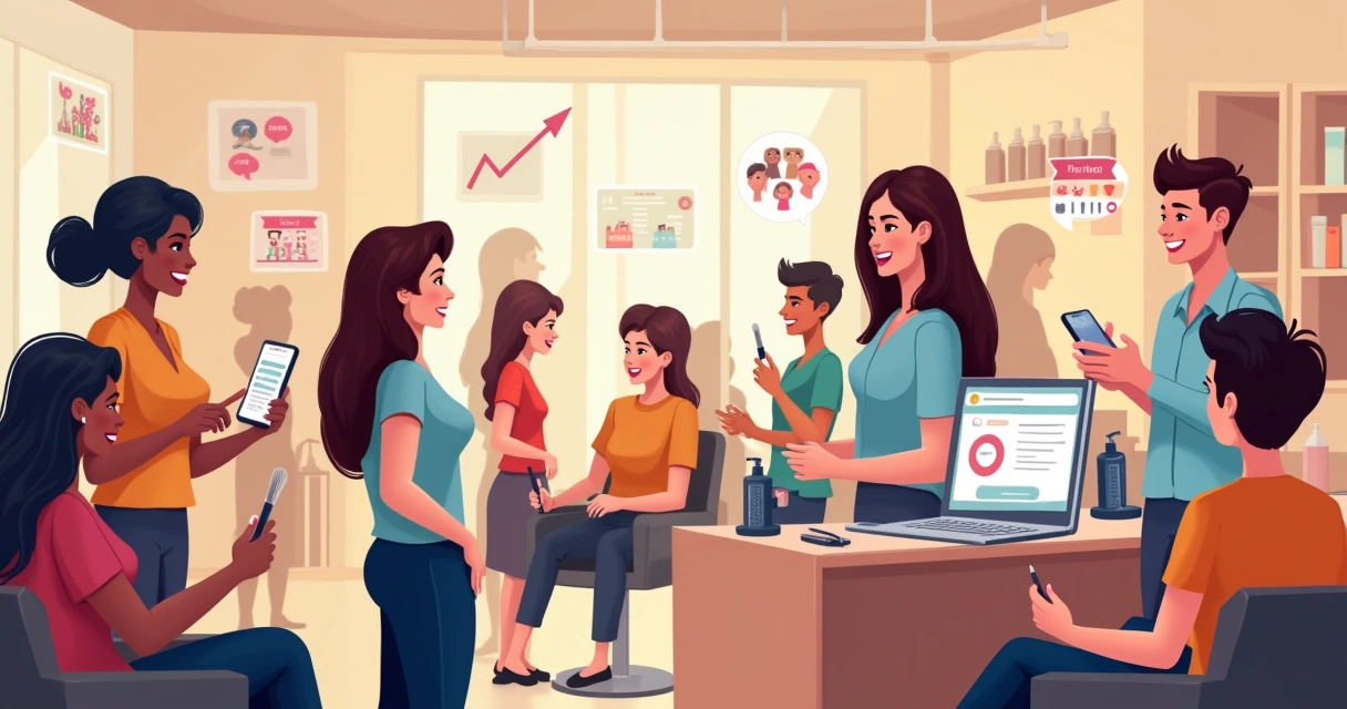 Salão de beleza movimentado com estilistas felizes, clientes satisfeitos e gráficos de sucesso ao fundo.