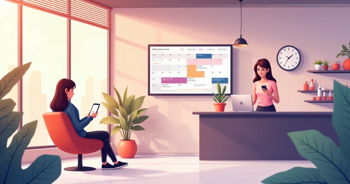 Ilustração de um moderno salão de beleza com um calendário digital, uma recepção e um cliente agendando um horário.