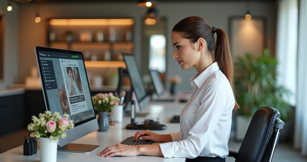 Recepcionista de salão de beleza olhando para computador com anúncios digitais na tela 