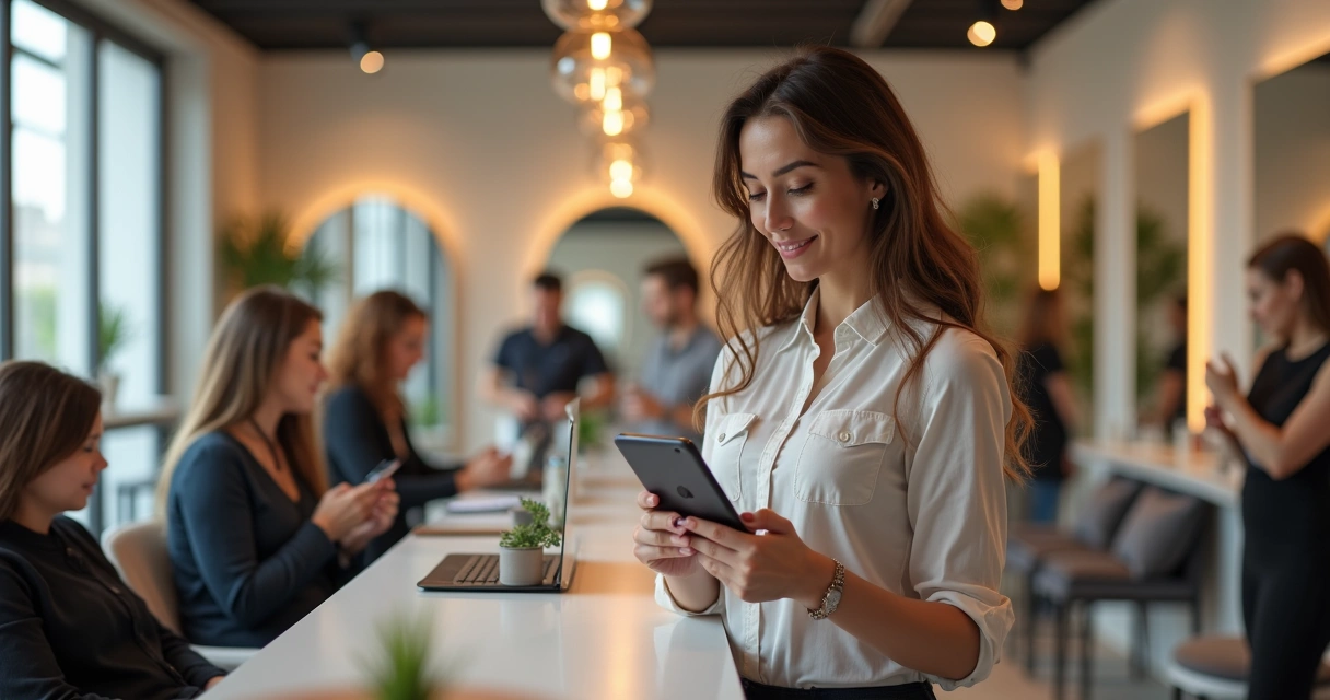 Recepcionista digital com celular em salão de beleza