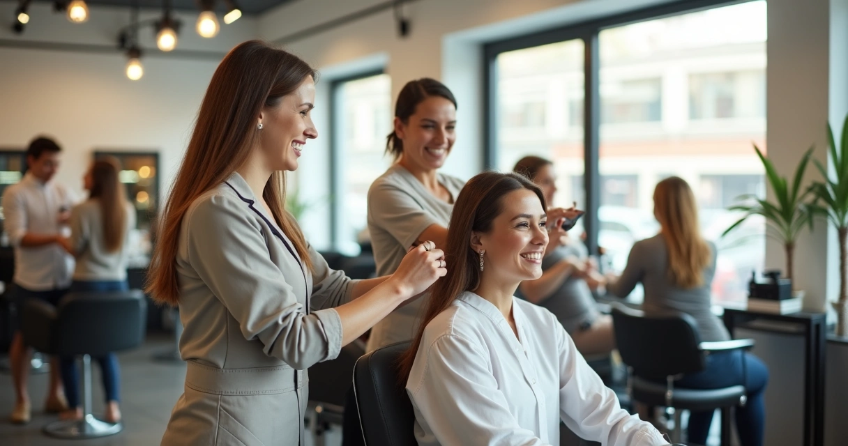 Profissional de beleza atendendo cliente em cadeira de salão, sorrindo e conversando 