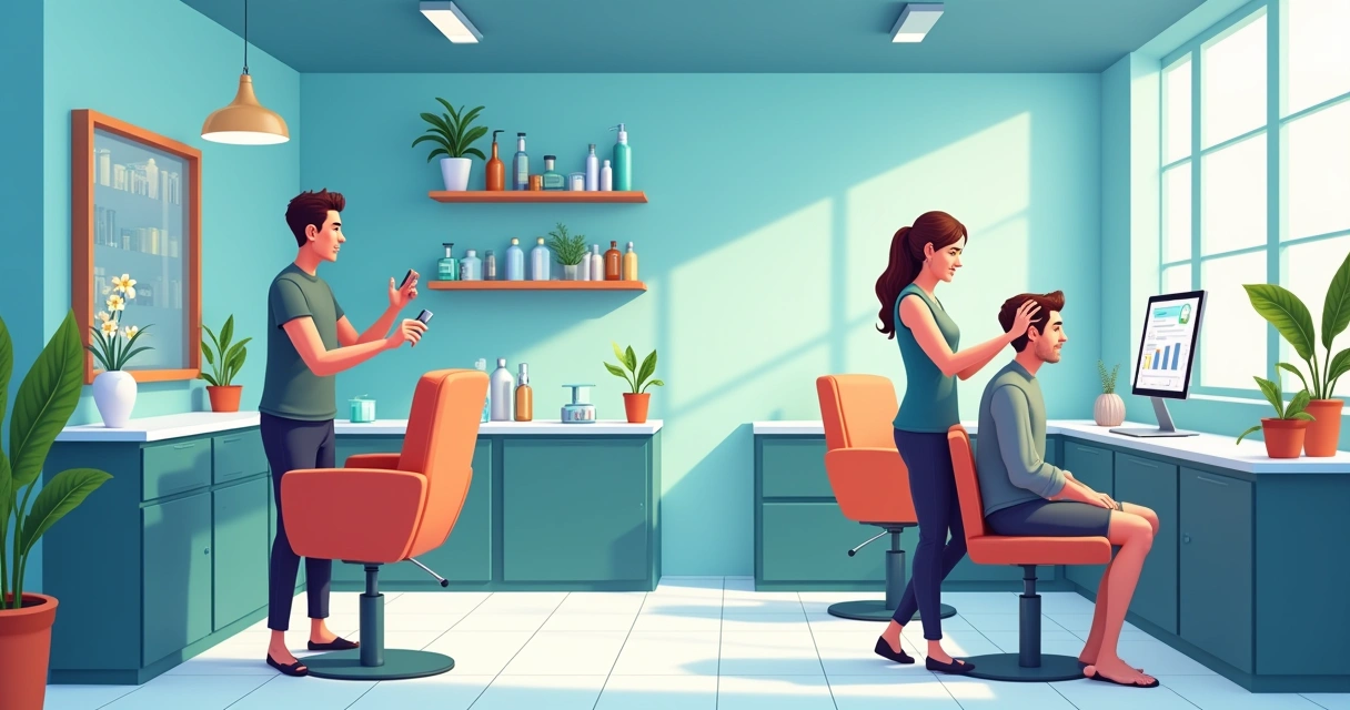 Salão de beleza moderno com atendente, cliente satisfeito e telas; destaca atendimento e tecnologia.