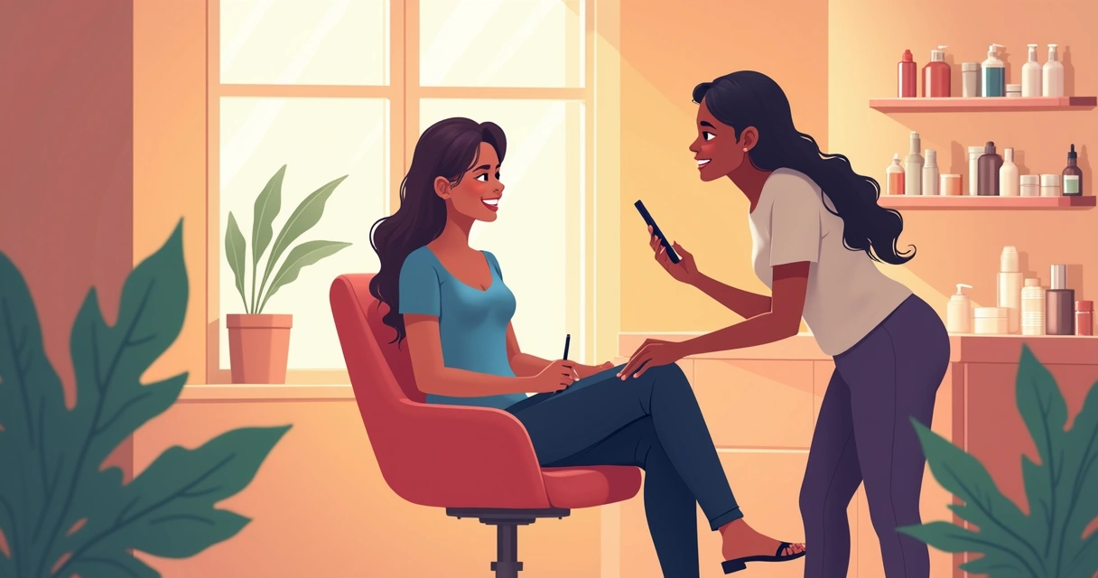 Cliente feliz em salão de beleza recebendo atendimento personalizado 