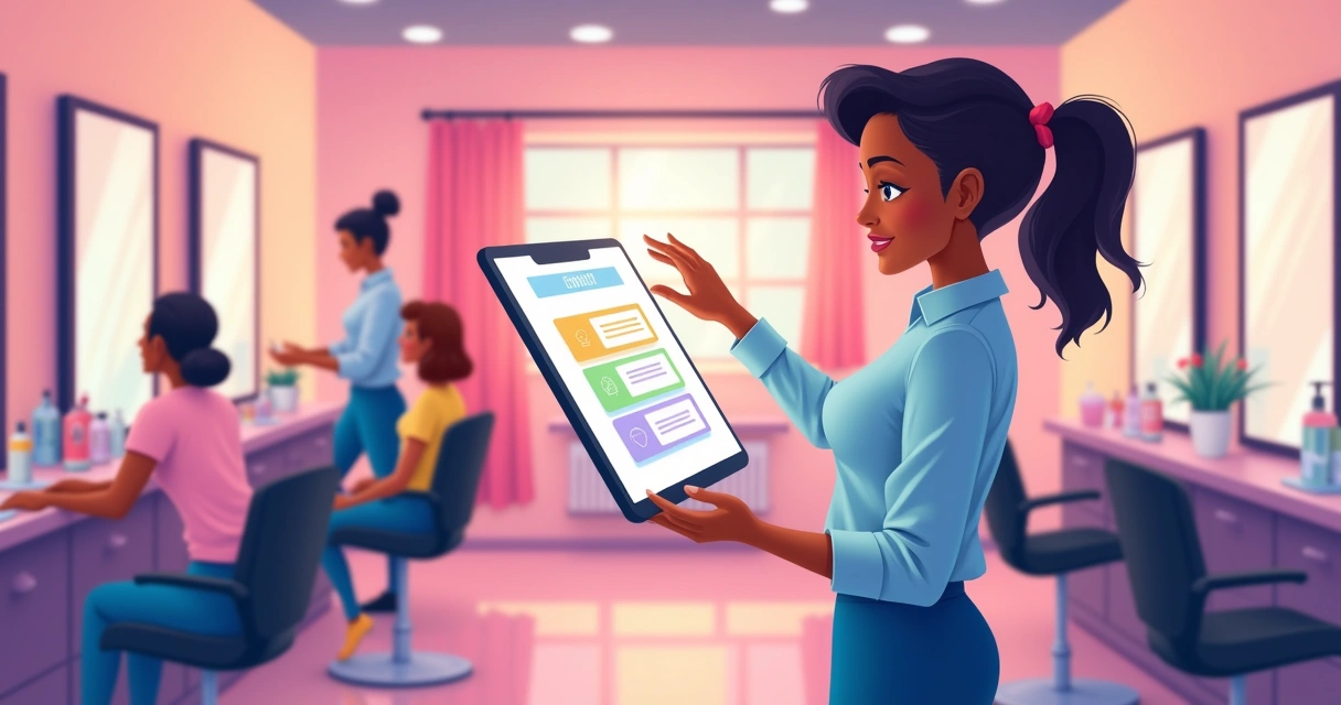 Ilustração de um salão de beleza moderno com proprietária usando um painel de agendamento intuitivo e clientes desfrutando serviços.