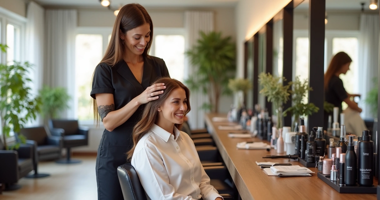 Profissional de salão fazendo penteado em cliente sorridente, com produtos de beleza em uma bancada. 