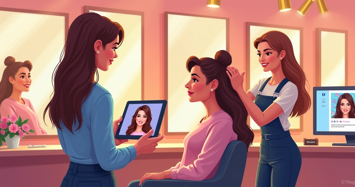 Interior of a vibrant hair salon showing a stylist with a client and digital marketing displays.