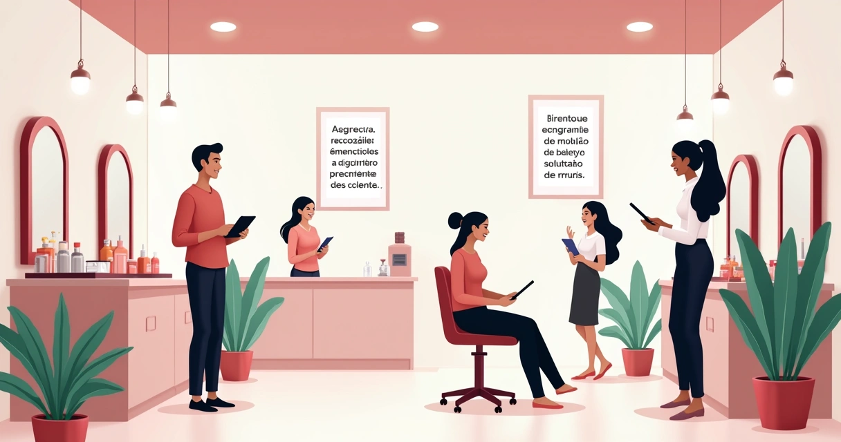Salão de beleza moderno com estilistas usando tecnologia para agendamento e um ambiente acolhedor e organizado.