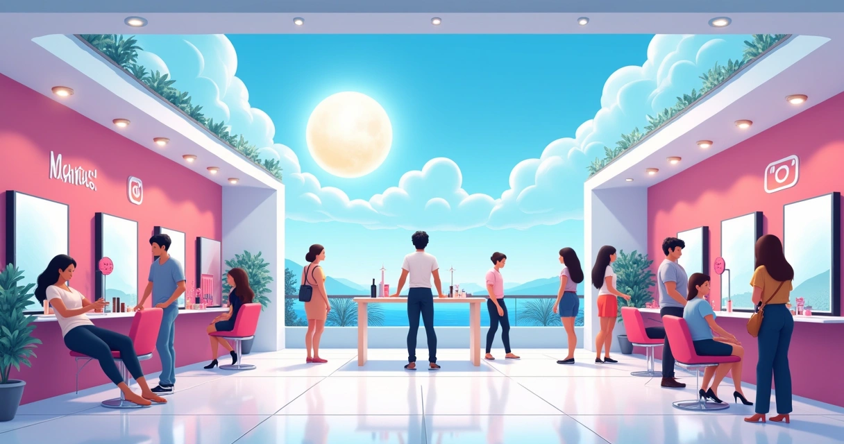 Salão de beleza moderno com estilistas atendendo clientes e ícones de redes sociais com transformações de beleza.