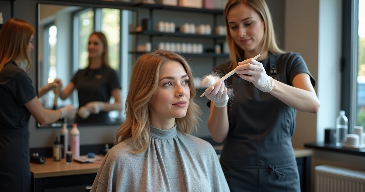 Profissional aplicando pó descolorante em cabelo de cliente em salão moderno 