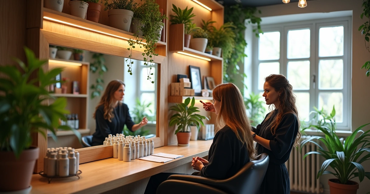 Salão de beleza eco-friendly com produtos profissionais organizados 