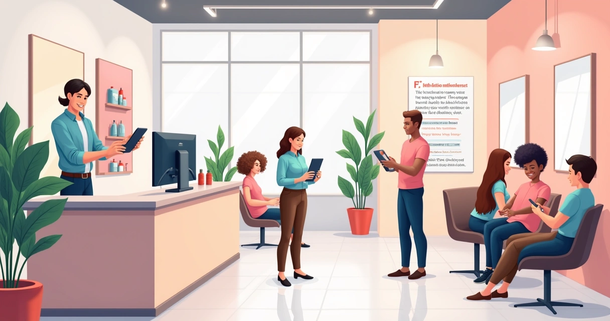 Interior of a modern beauty salon with a digital reception, chatbot interaction, and stylists at work.