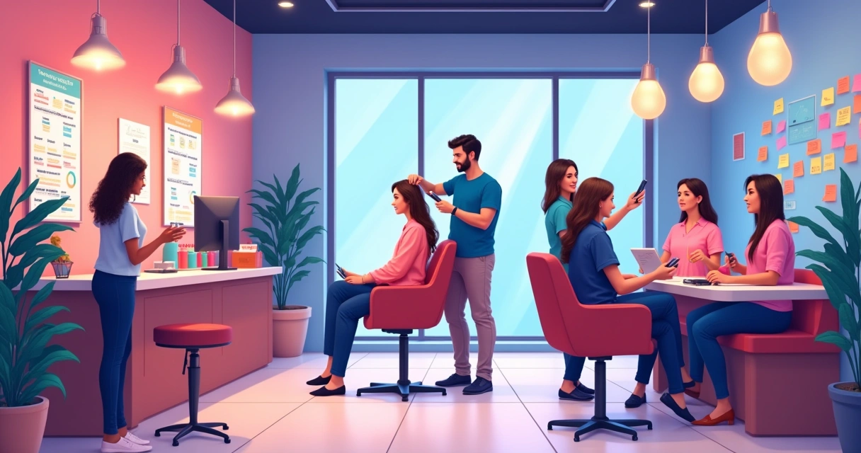 Salão de beleza moderno com recepcionista agendando, cabeleireiro trabalhando e equipe em treinamento.