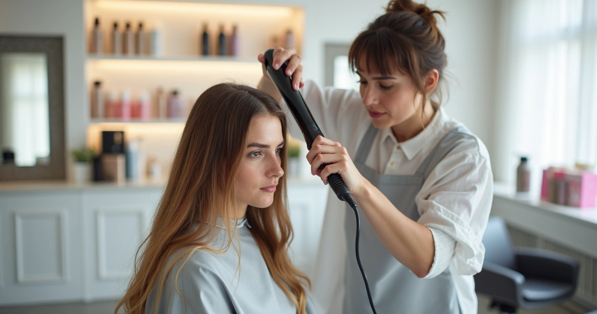 Profissional de salão utilizando chapinha moderna em cliente, ambiente limpo e organizado 