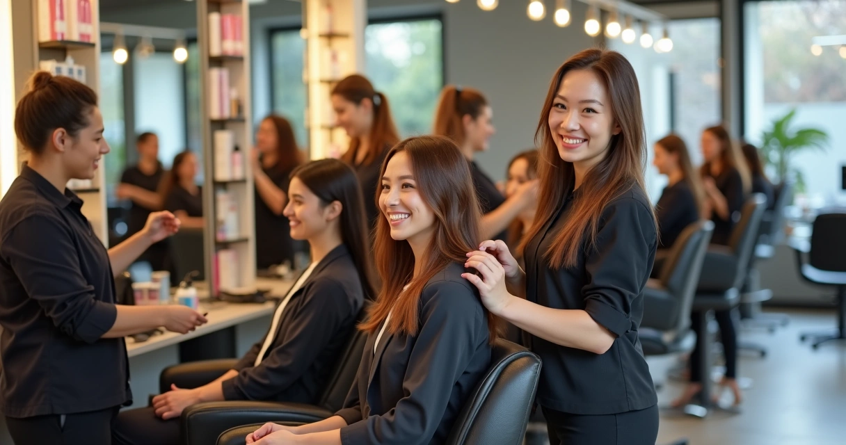 Equipe atendendo clientes felizes em salão de beleza moderno 
