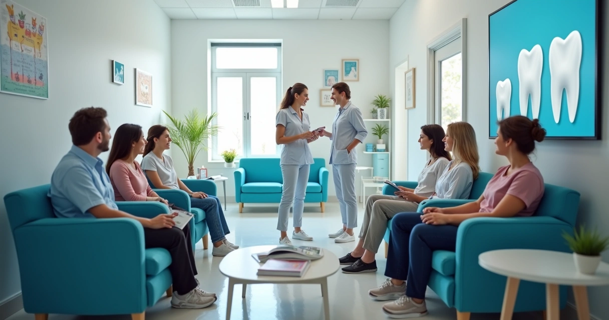 Sala de espera de clínica odontológica cheia de pacientes e equipe sorridente 