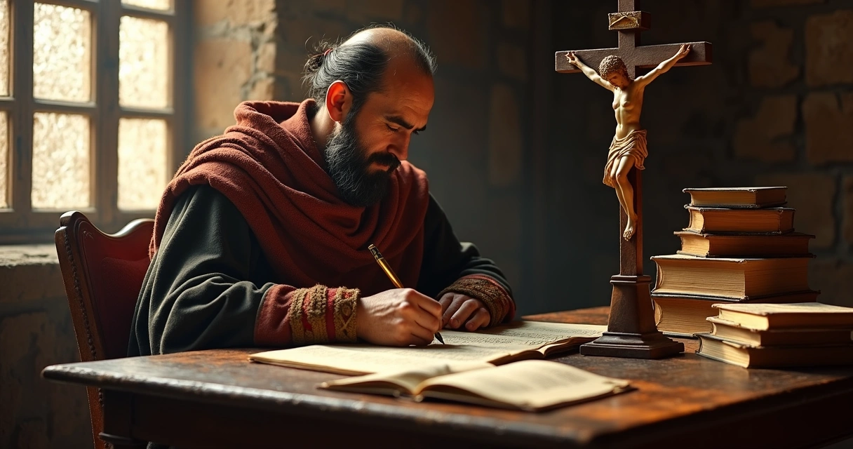 Homem medieval com túnica, caneta e livros antigos em uma sala iluminada 