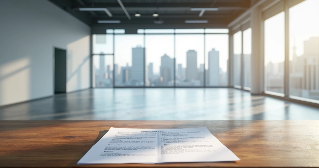 Ambiente de salão comercial vazio com contrato de locação sobre balcão 