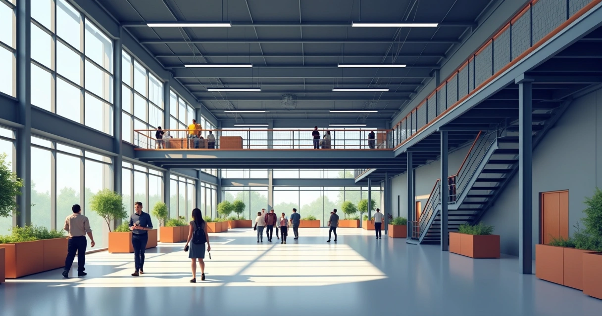 Interior de salão comercial amplo com mezanino e estrutura metálica exposta 