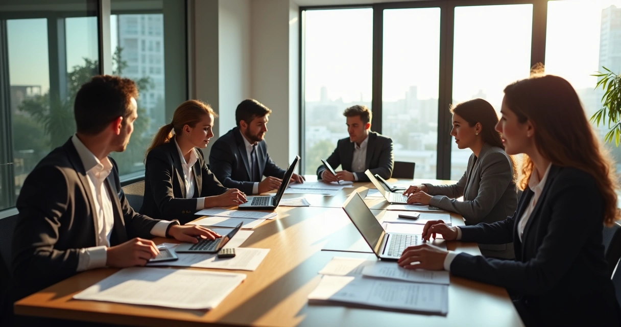 Sala de reuniões em condomínio com documentos e pessoas debatendo 