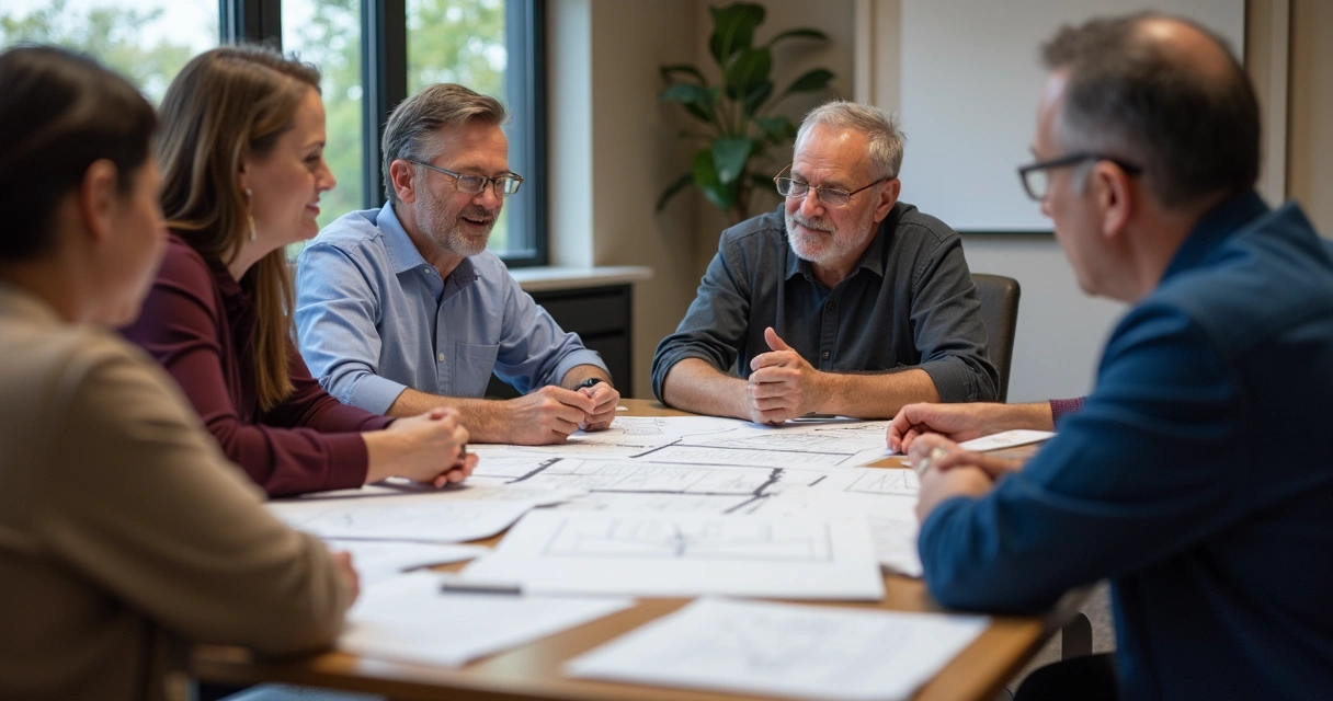 Reunião de condomínio sobre reforma, pessoas ao redor de mesa moderna