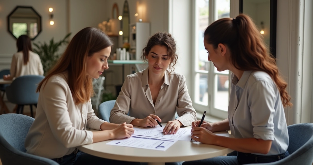 Reunião entre consultor e donos de salão de beleza, conversando sobre documentos em uma mesa 