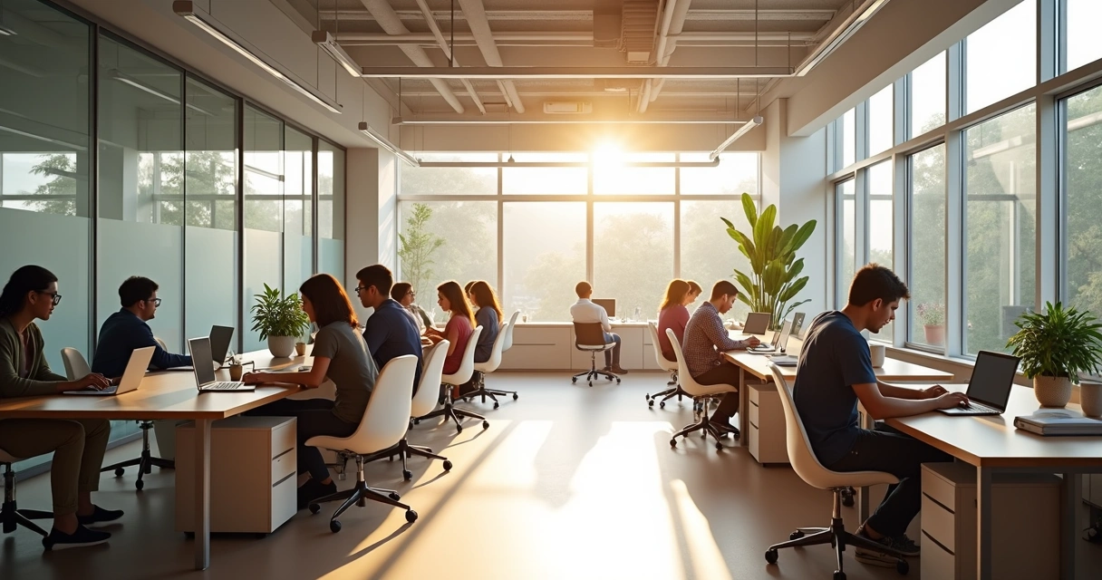Sala de coworking com profissionais trabalhando em computadores 