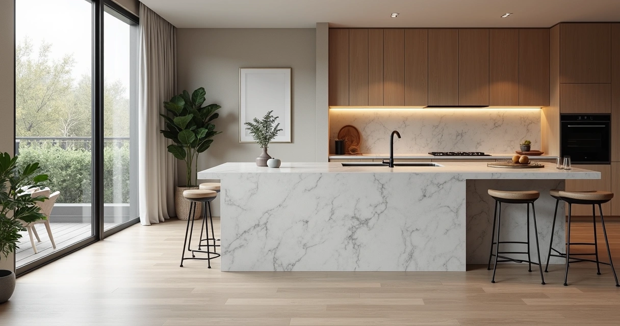 Cozinha moderna integrada com bancada de pedra clara 