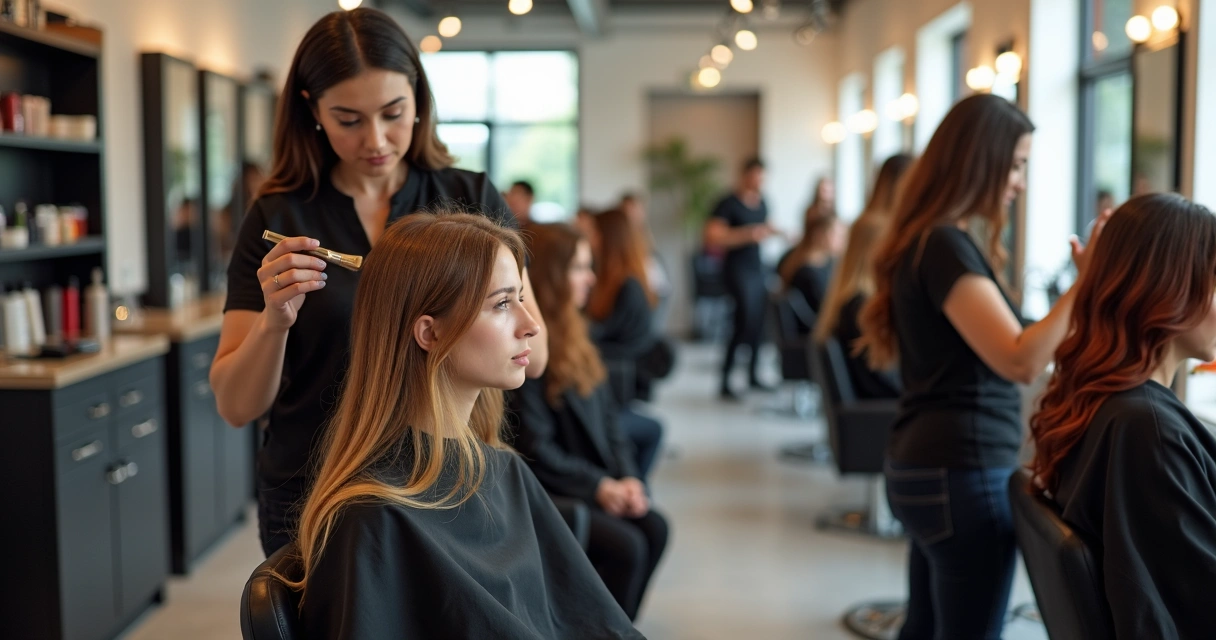 Salão de beleza movimentado com profissionais aplicando balayage em diferentes clientes 