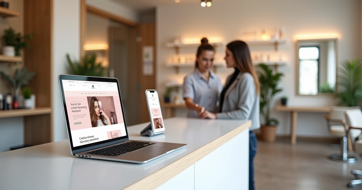 Recepcionista de salão de beleza moderno usando notebook com site do salão na tela 